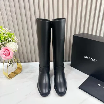 Chanel Black Gold-Tone Chain Riding Boots