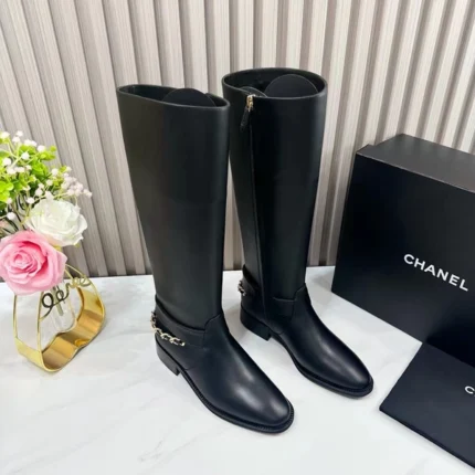 Chanel Black Gold-Tone Chain Riding Boots