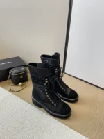 Chanel Boots Black Suede Lace Up Combat