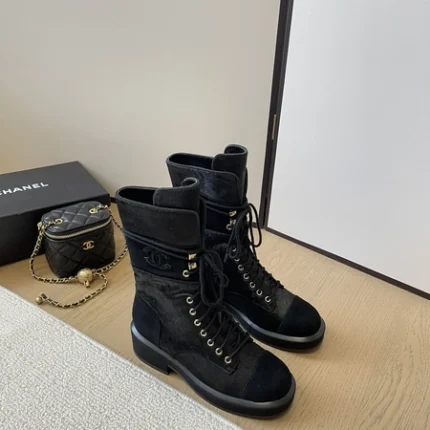 Chanel Boots Black Suede Lace Up Combat