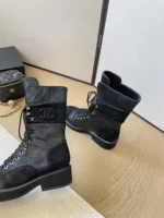 Chanel Boots Black Suede Lace Up Combat
