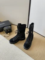 Chanel Boots Black Suede Lace Up Combat