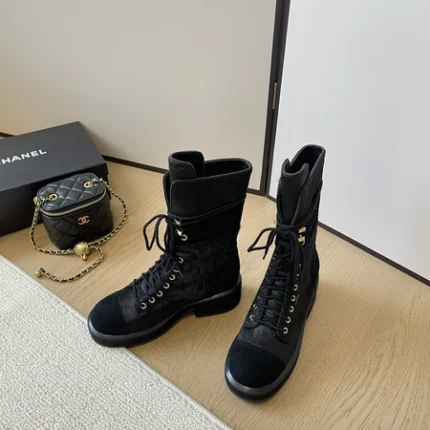 Chanel Boots Black Suede Lace Up Combat