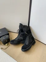 Chanel Boots Black Suede Lace Up Combat