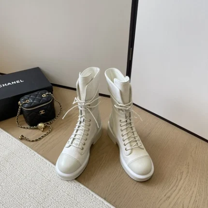 Chanel Boots White Suede Lace Up Combat
