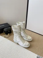 Chanel Boots White Suede Lace Up Combat