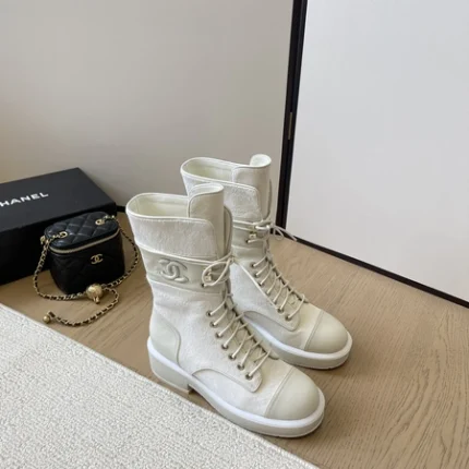 Chanel Boots White Suede Lace Up Combat