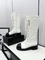 Chanel Calfskin Quilted Chain Lace Up Combat Long Boots