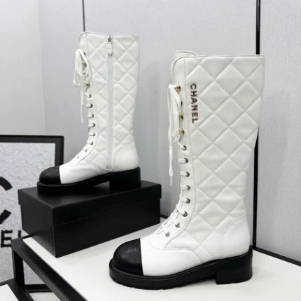 Chanel Calfskin Quilted Chain Lace Up Combat Long Boots