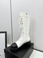 Chanel Calfskin Quilted Chain Lace Up Combat Long Boots