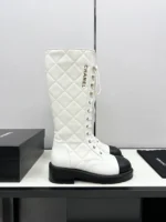 Chanel Calfskin Quilted Chain Lace Up Combat Long Boots