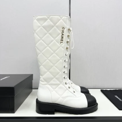 Chanel Calfskin Quilted Chain Lace Up Combat Long Boots