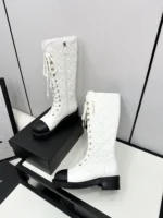 Chanel Calfskin Quilted Chain Lace Up Combat Long Boots