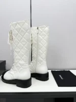 Chanel Calfskin Quilted Chain Lace Up Combat Long Boots