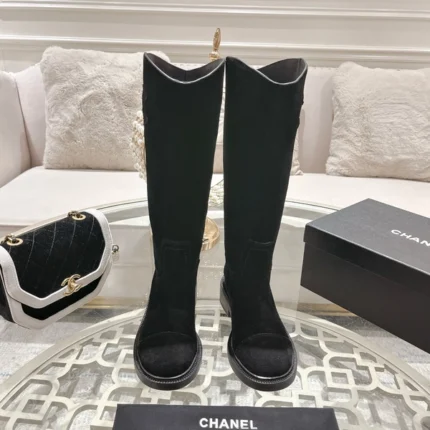 Chanel High Boots with Logo Patch Women Suede Black