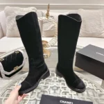 Chanel High Boots with Logo Patch Women Suede Black