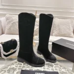 Chanel High Boots with Logo Patch Women Suede Black