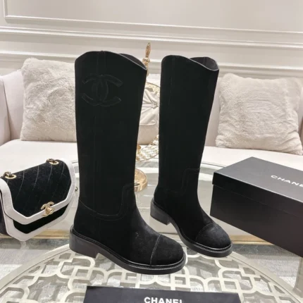 Chanel High Boots with Logo Patch Women Suede Black
