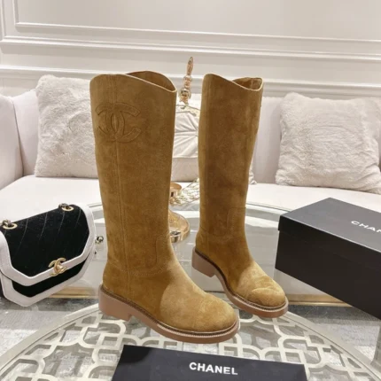 Chanel High Boots with Logo Patch Women Suede Brown
