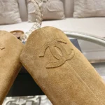Chanel High Boots with Logo Patch Women Suede Brown