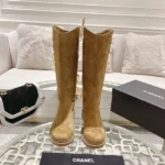 Chanel High Boots with Logo Patch Women Suede Brown