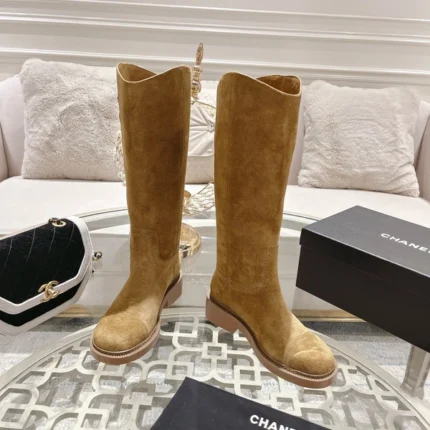 Chanel High Boots with Logo Patch Women Suede Brown