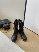 Chanel Lambskin Quilted Lace Up Combat Boots Black