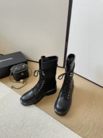 Chanel Lambskin Quilted Lace Up Combat Boots Black