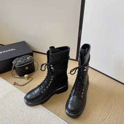 Chanel Lambskin Quilted Lace Up Combat Boots Black