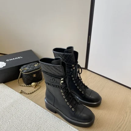 Chanel Lambskin Quilted Lace Up Combat Boots Black