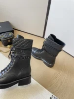 Chanel Lambskin Quilted Lace Up Combat Boots Black