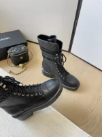 Chanel Lambskin Quilted Lace Up Combat Boots Black