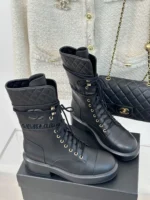 Chanel Leather Lace Up Boots Black