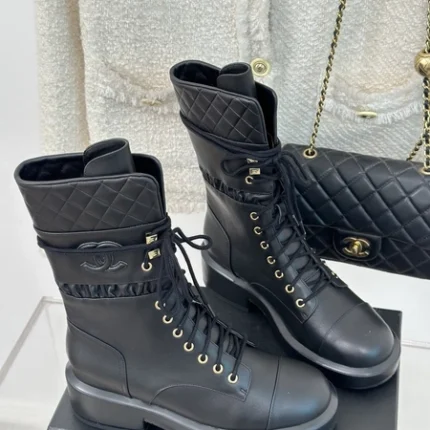 Chanel Leather Lace Up Boots Black