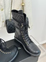 Chanel Leather Lace Up Boots Black