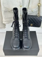 Chanel Leather Lace Up Boots Black