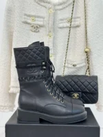 Chanel Leather Lace Up Boots Black