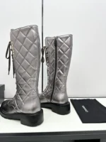 Chanel Shiny Calfskin Quilted Chain Lace Up Combat Long Boots
