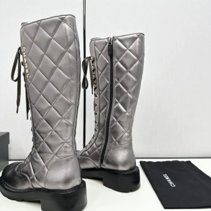 Chanel Shiny Calfskin Quilted Chain Lace Up Combat Long Boots