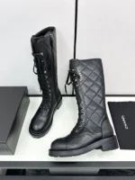 Chanel Shiny Calfskin Quilted Chain Lace Up Combat Long Boots