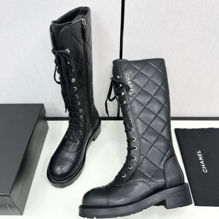 Chanel Shiny Calfskin Quilted Chain Lace Up Combat Long Boots