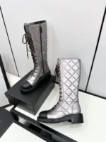 Chanel Shiny Calfskin Quilted Chain Lace Up Combat Long Boots