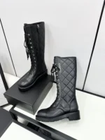 Chanel Shiny Calfskin Quilted Chain Lace Up Combat Long Boots