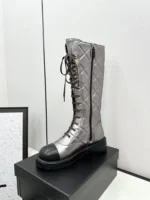 Chanel Shiny Calfskin Quilted Chain Lace Up Combat Long Boots