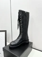 Chanel Shiny Calfskin Quilted Chain Lace Up Combat Long Boots