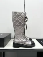 Chanel Shiny Calfskin Quilted Chain Lace Up Combat Long Boots