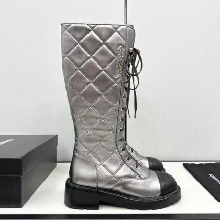 Chanel Shiny Calfskin Quilted Chain Lace Up Combat Long Boots