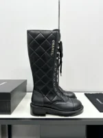 Chanel Shiny Calfskin Quilted Chain Lace Up Combat Long Boots