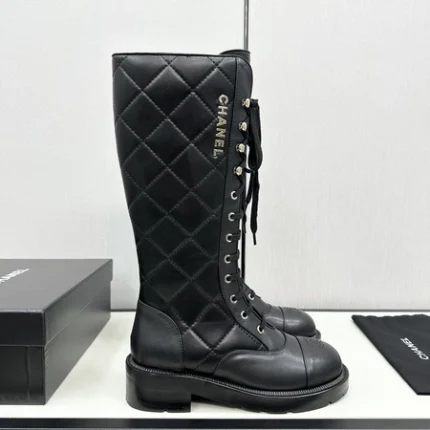 Chanel Shiny Calfskin Quilted Chain Lace Up Combat Long Boots