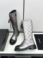Chanel Shiny Calfskin Quilted Chain Lace Up Combat Long Boots